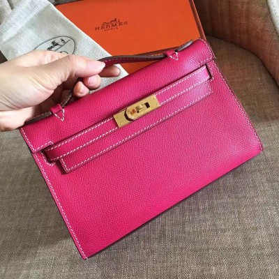 Hermes Rose Red Kelly Pochette Epsom Handmade Bag