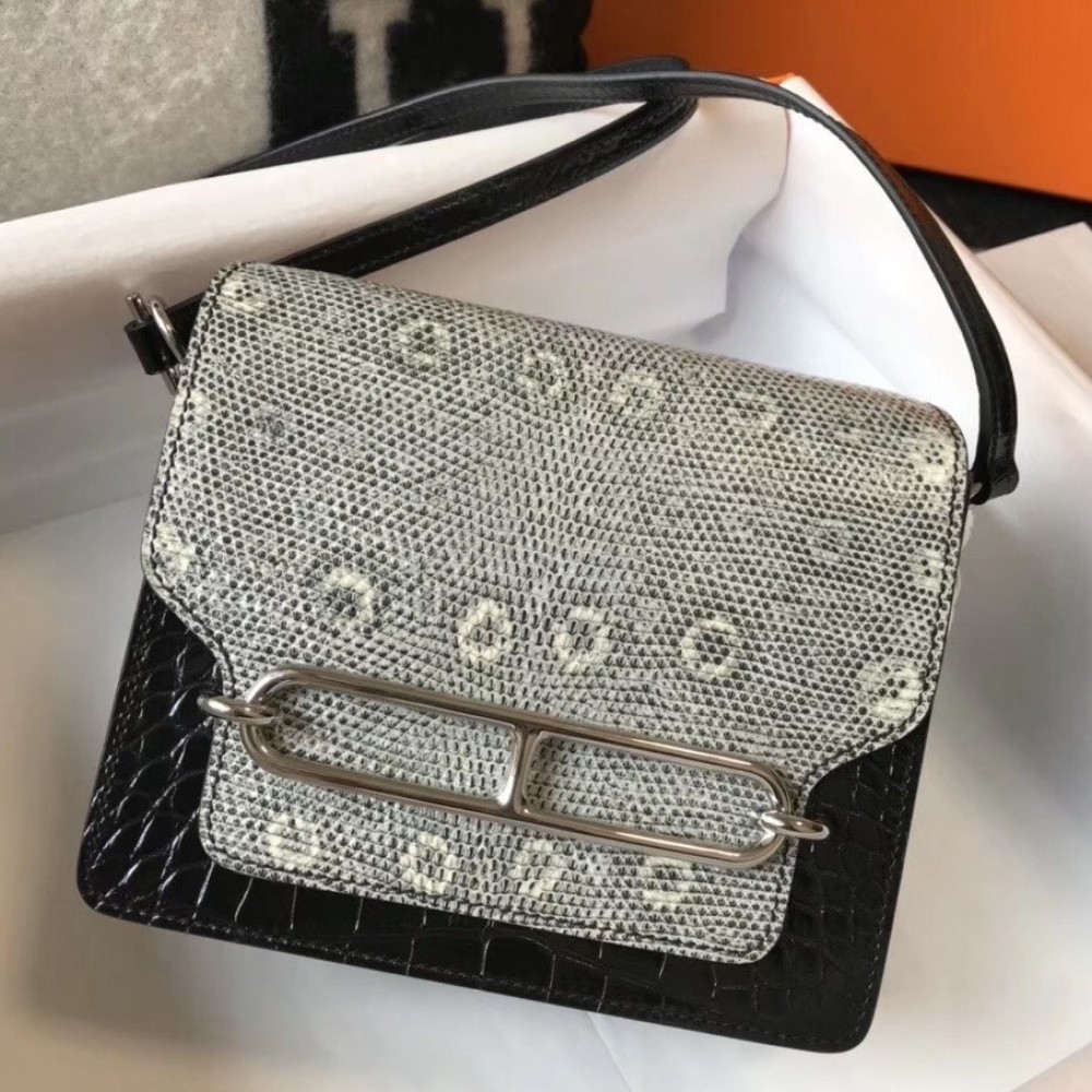 Hermes Roulis Mini Bag In Black Crocodile With Natural Lizard