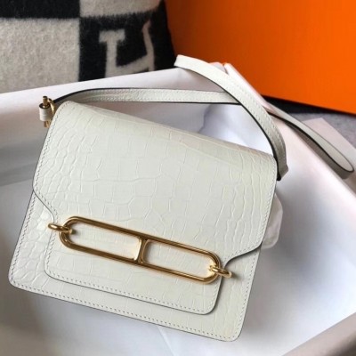 Hermes Roulis Mini Bag In White Embossed Crocodile Calfskin