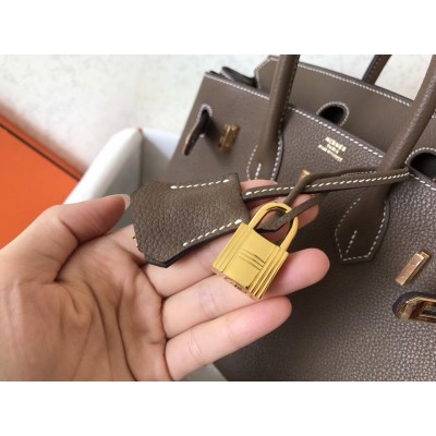 Hermes Taupe Birkin 25cm Clemence Handmade Bag