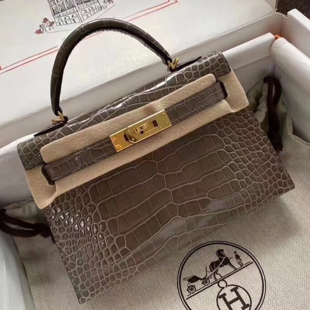 Hermes Taupe Grey Alligator Crocodile Kelly Mini II Handmade Bag