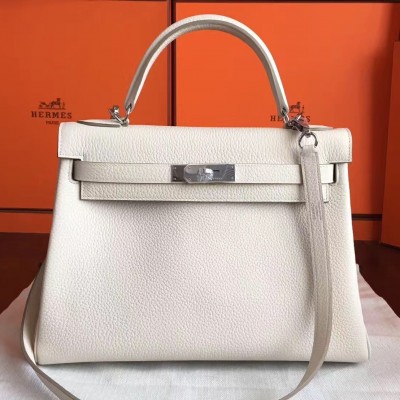 Hermes White Clemence Kelly Retourne 32cm Handmade Bag